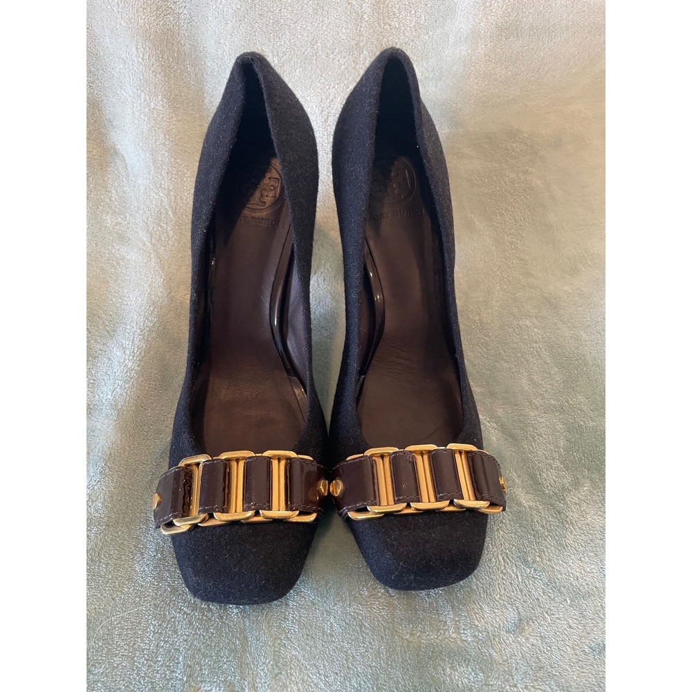 Tory Burch Black Wool Block Heel Pumps Square Toe Gold Chain Buckle Size‎ 9.5 M